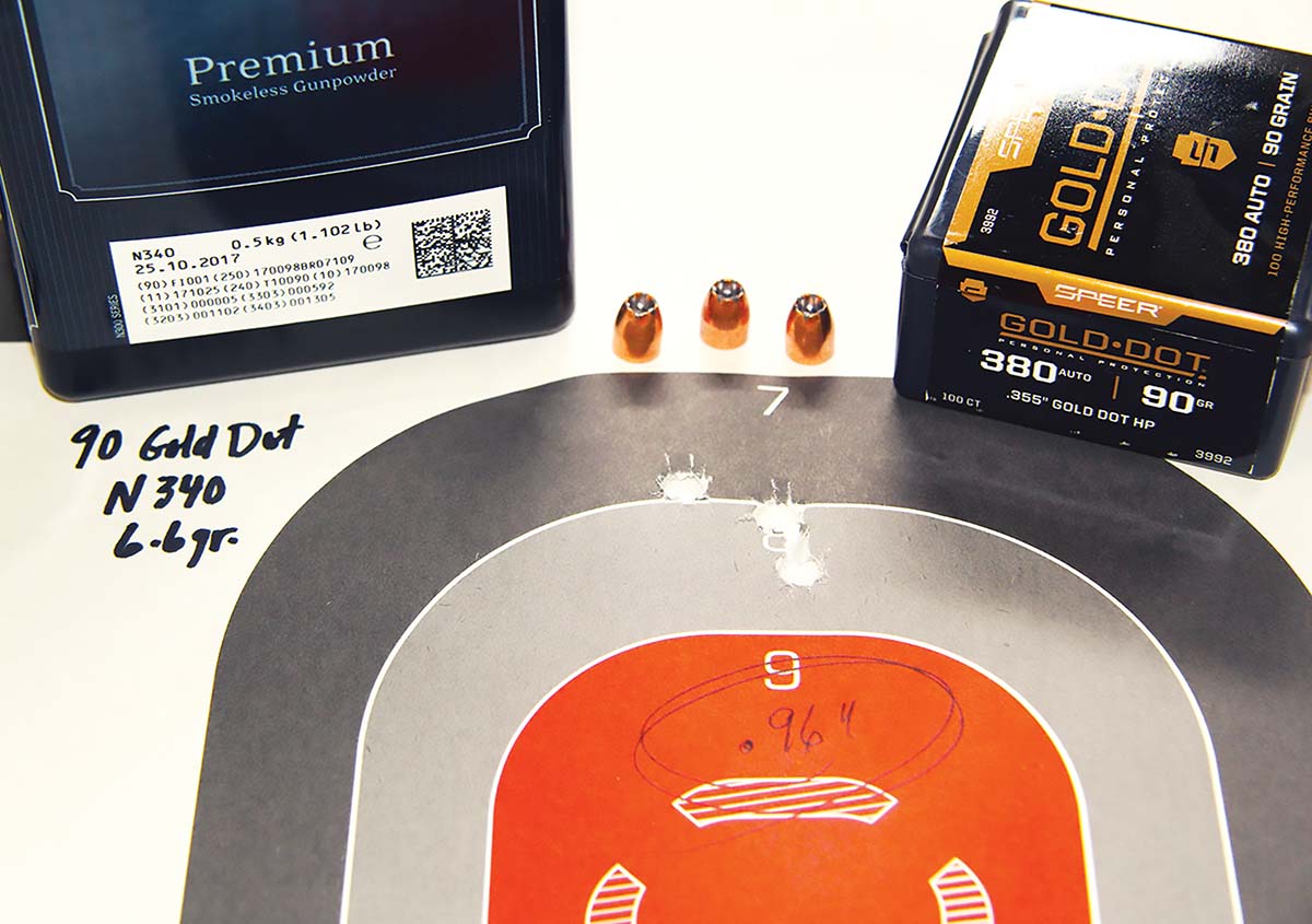 The smallest group of the entire 38 Super test included Speer’s 90-grain Gold Dot and 6.6 grains of Vihtavuori N340. That load produced this .96-inch group, sent at 1,553 fps.